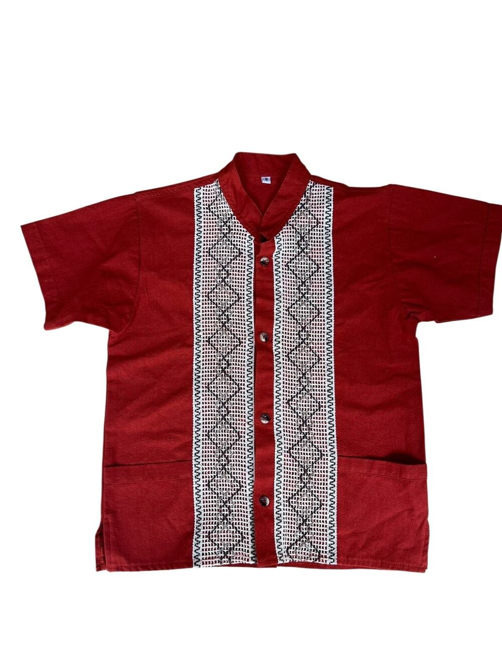 Vintage 90s Kids Boys Button Up Guayabera Embroidered Copper With Pockets Size 8